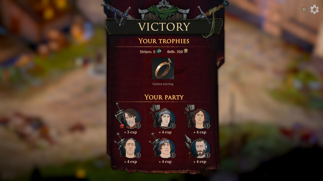 Ekran zwycięstwa pokazujący trofea i członków drużyny. Wyświetlony jest złoty kolczyk. Widoczne portrety członków drużyny zyskujących doświadczenie.