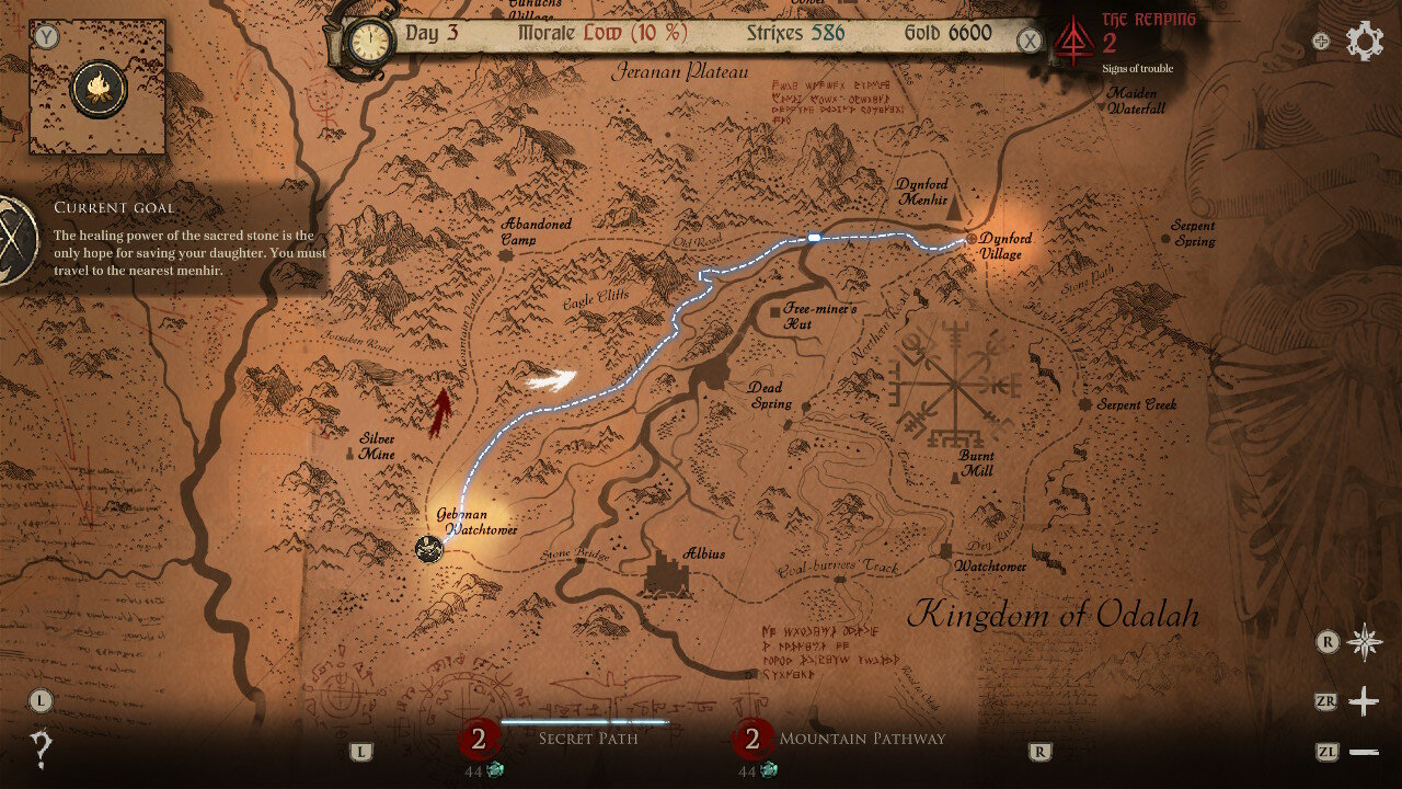 Szczegółowa mapa z trasami, lokacjami jak kopalnie, wioski i cechy geograficzne, z jasnobrązową paletą kolorów.