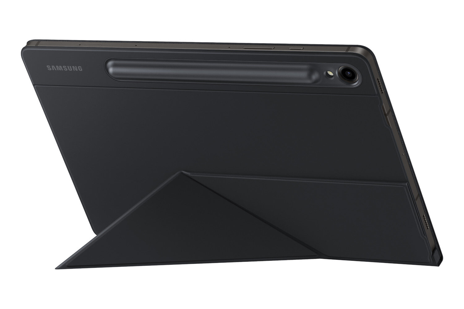 Czarny tablet z dołączonym piórem i etui złożonym do podparcia.