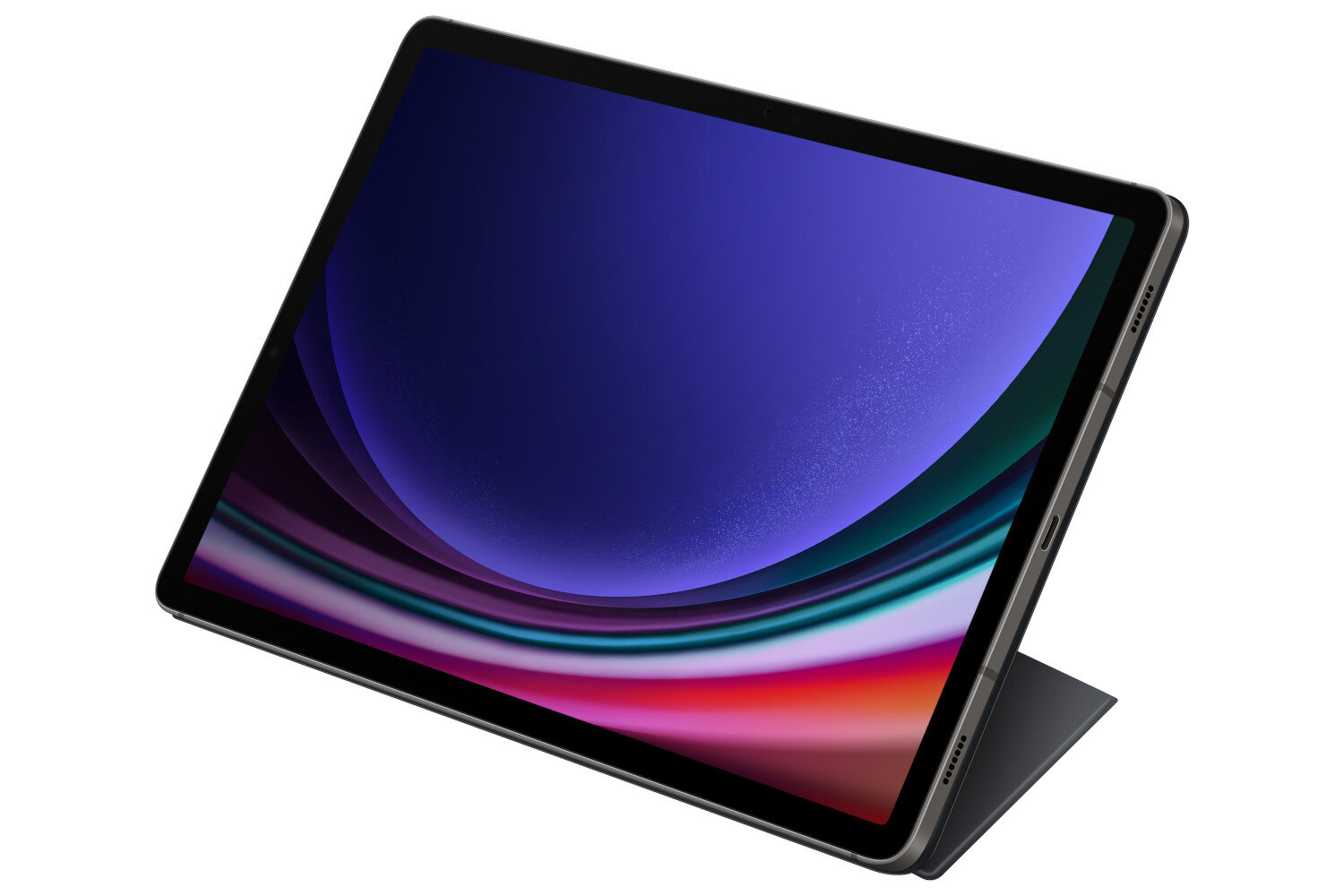 Tablet z czarną ramką i żywą tapetą.