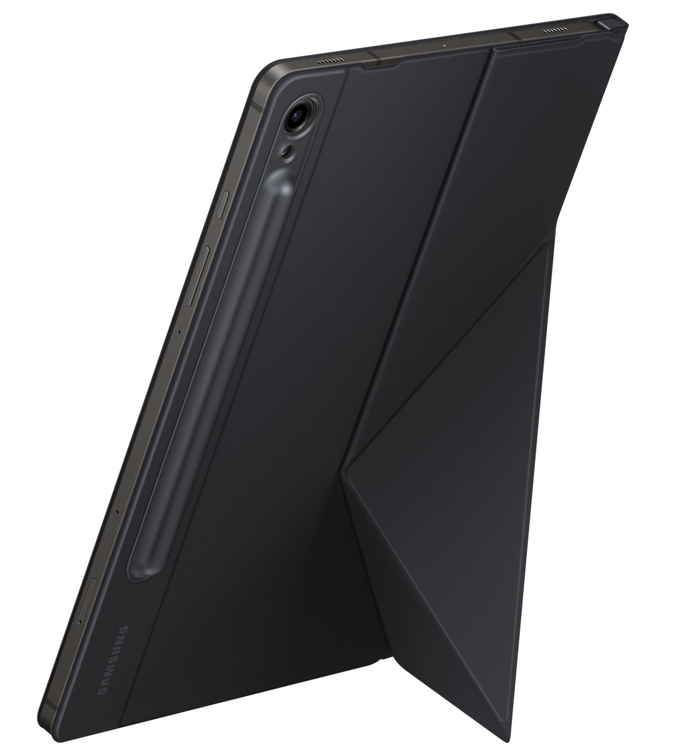Czarny tablet z etui, pod kątem, z dołączonym rysikiem.