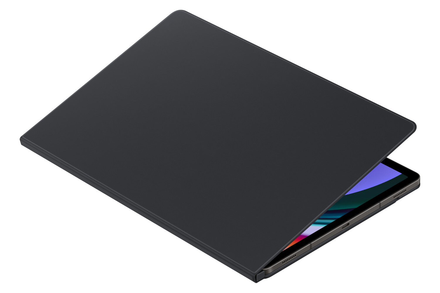 Czarny tablet z lekko otwartą ciemną okładką.