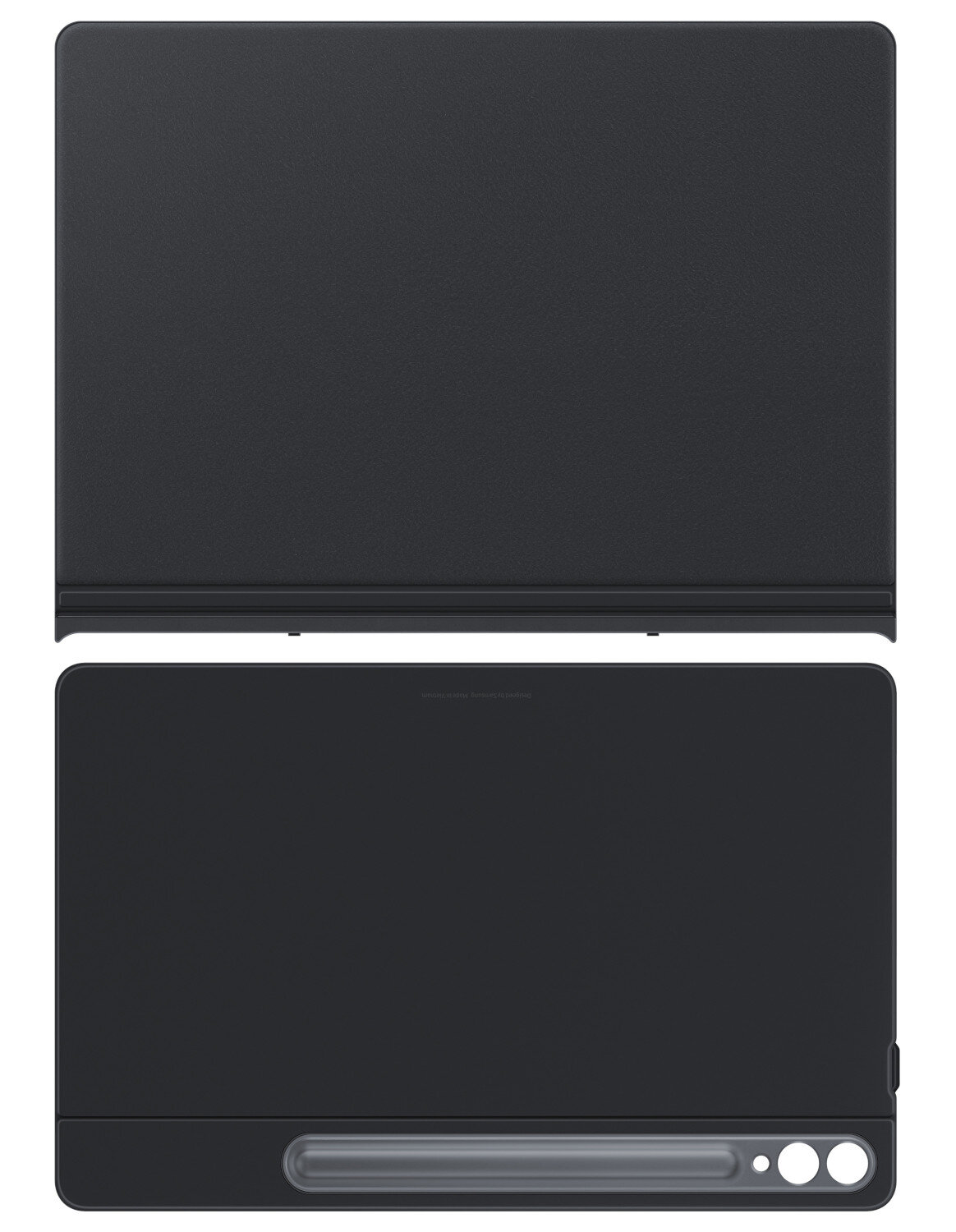 Dwie czarne osłony na tablet, górna zamknięta, dolna z uchwytem na długopis.