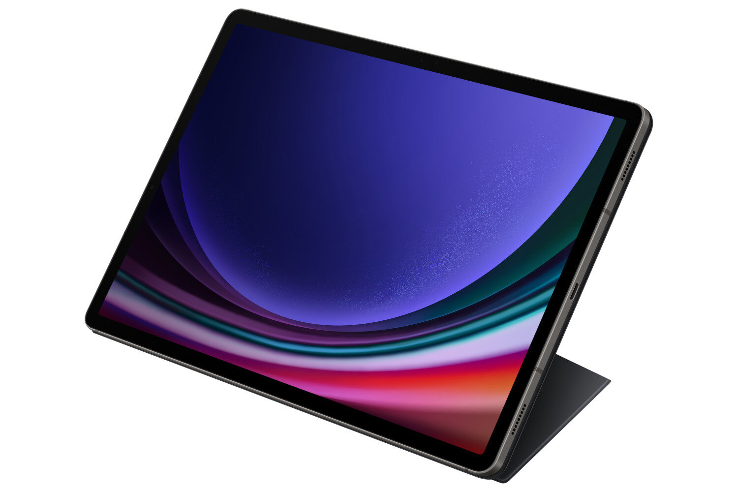 Tablet z czarną ramką, pod kątem, wyświetlający kolorowy, abstrakcyjny obraz na ekranie.