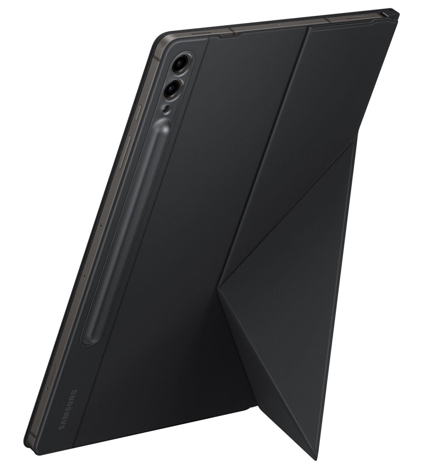 Czarny tablet z etui pokazano z boku, podparty.