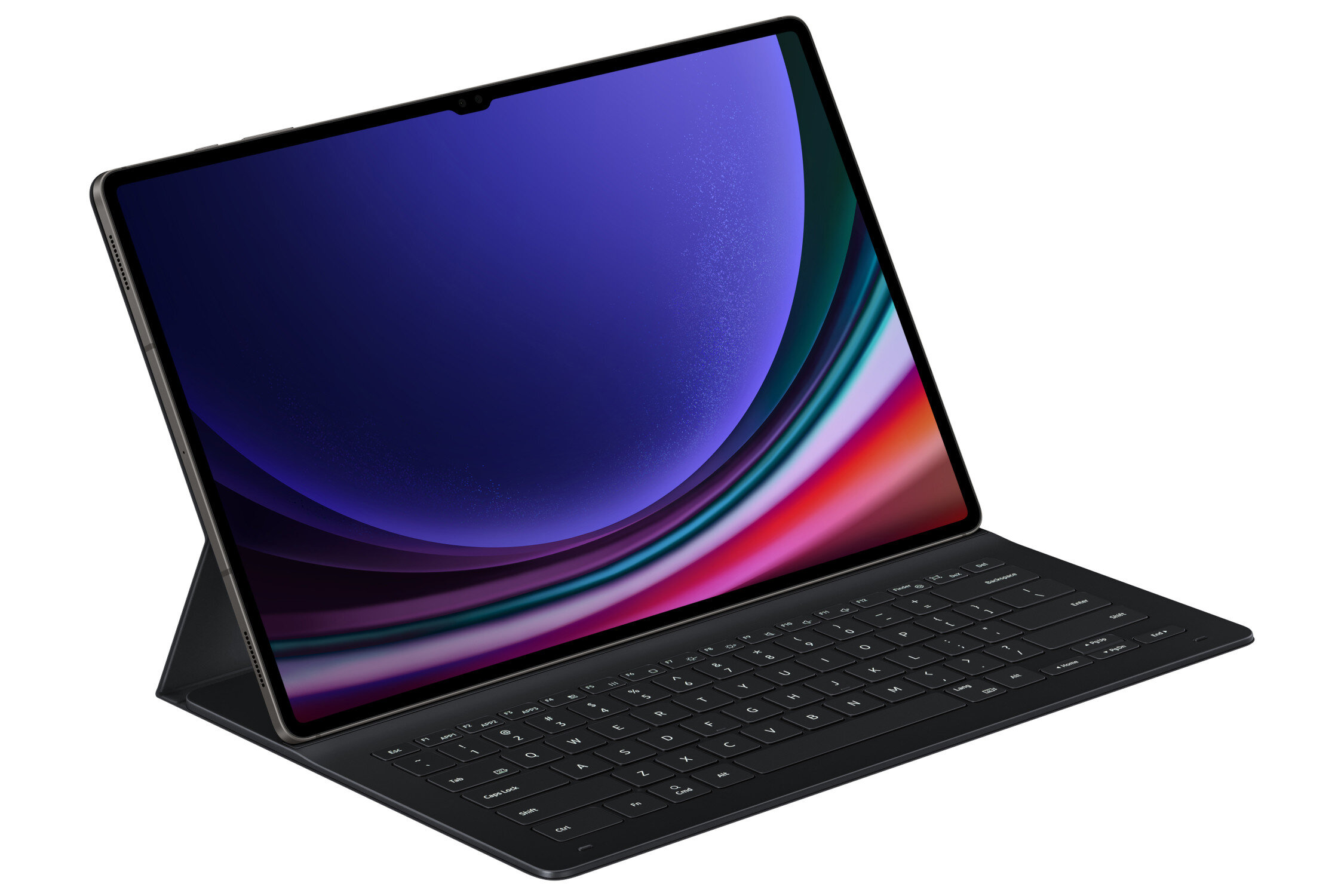 Tablet z klawiaturą, ekran pokazuje kolorowe abstrakcyjne obrazy. Czarny kolor.