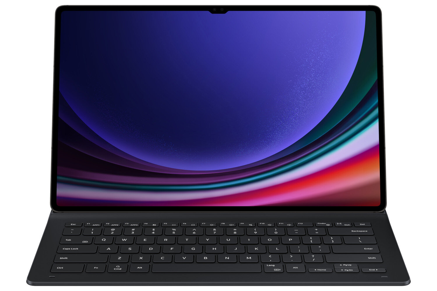 Czarna klawiatura tabletu z ekranem pokazującym kolorowy, abstrakcyjny wzór.