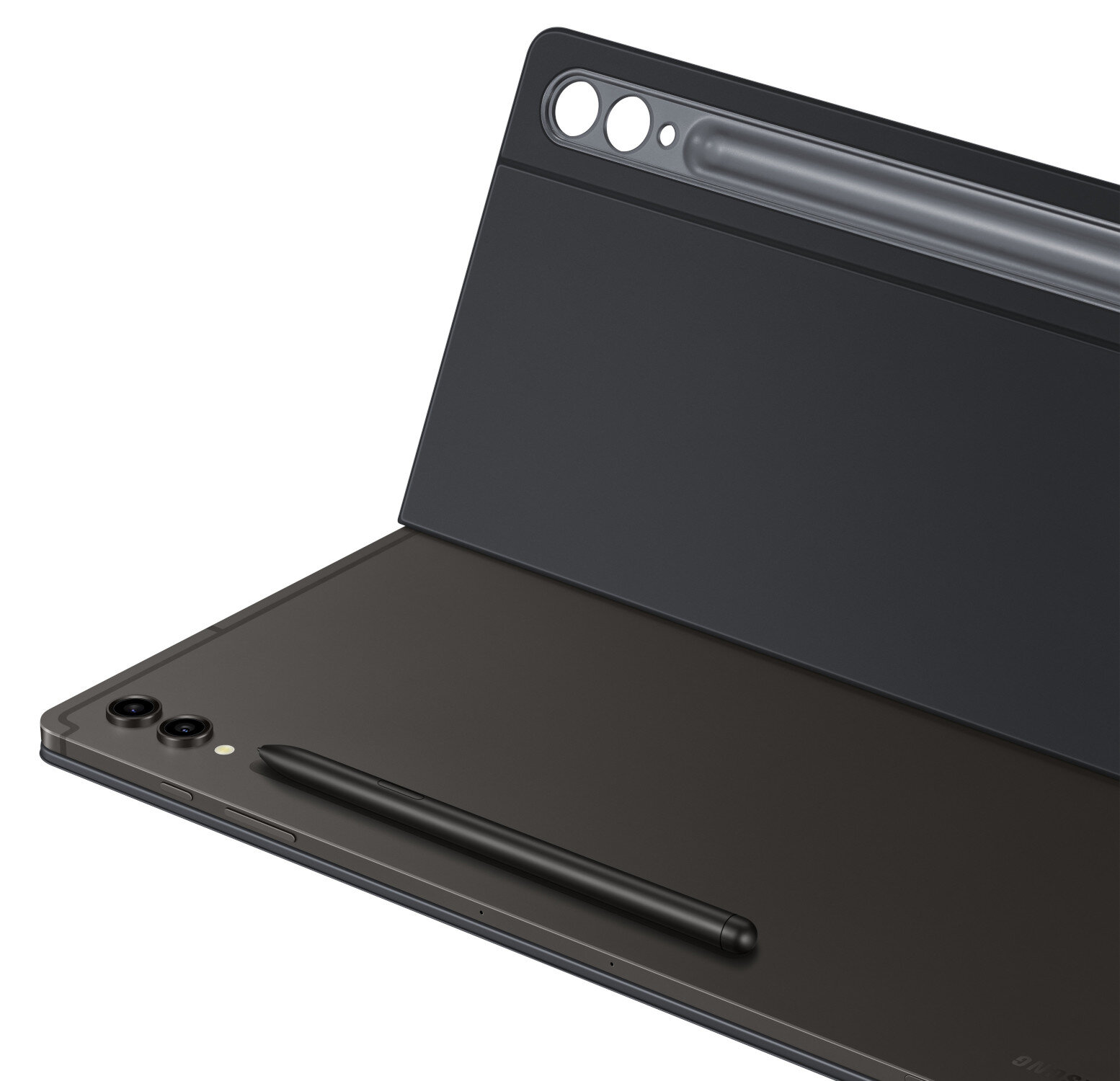 Tablet z dołączoną obudową i piórem na białym tle, widok z tyłu.