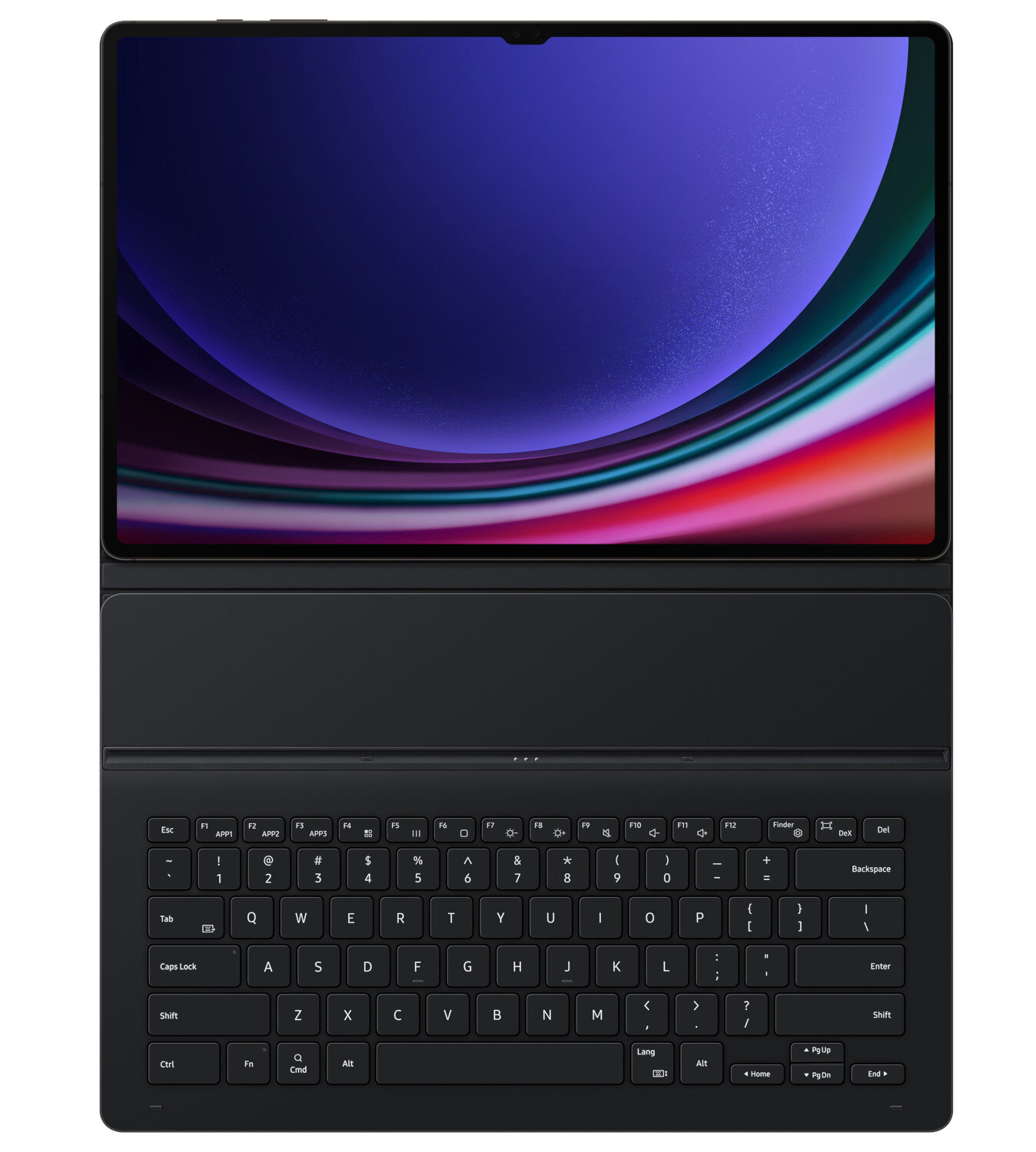 Czarny tablet z klawiaturą, ekran z kolorowymi falami, widok z góry, czarne tło.