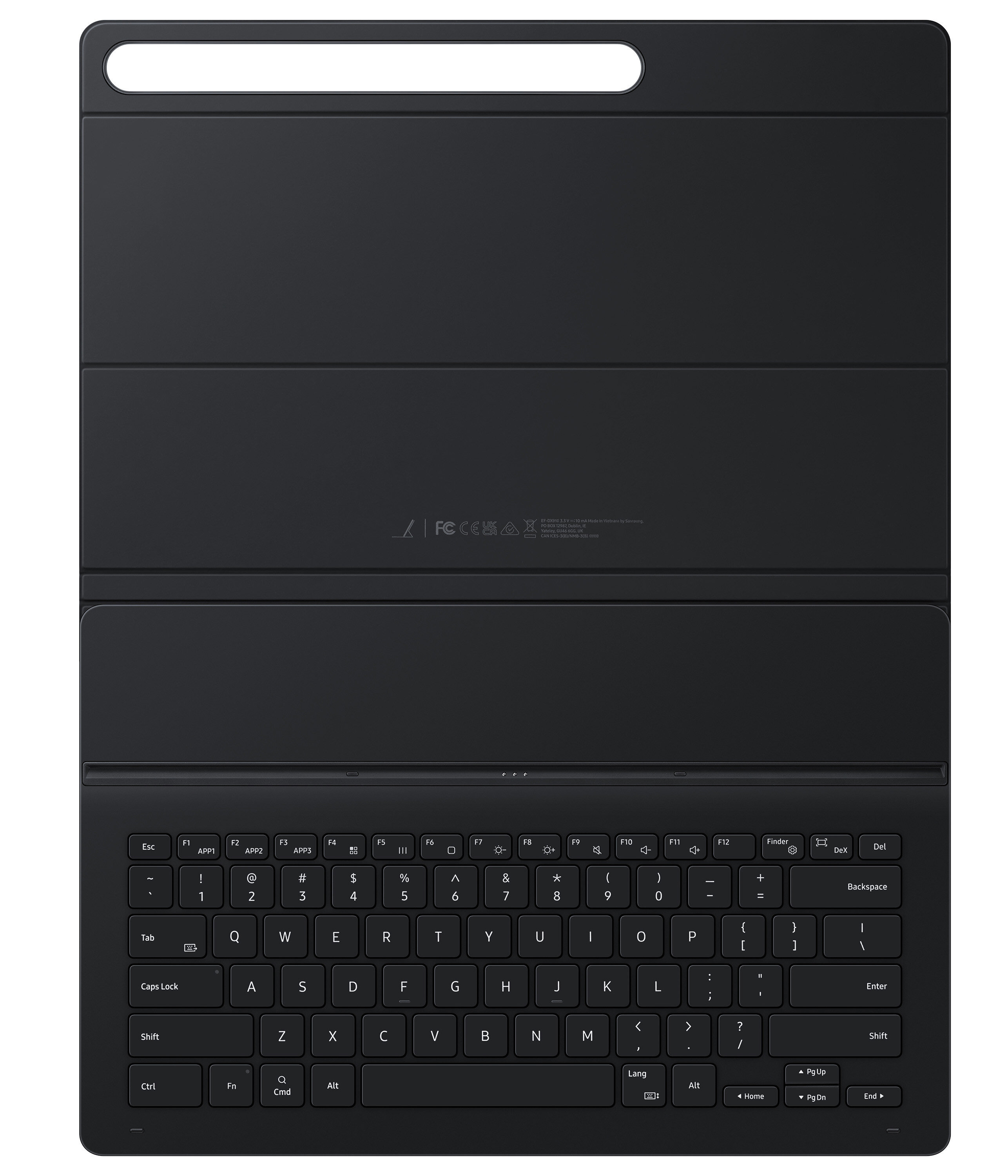 Czarna osłona klawiatury tabletu. Posiada klawiaturę i gniazdo na tablet. Czyste, białe tło.