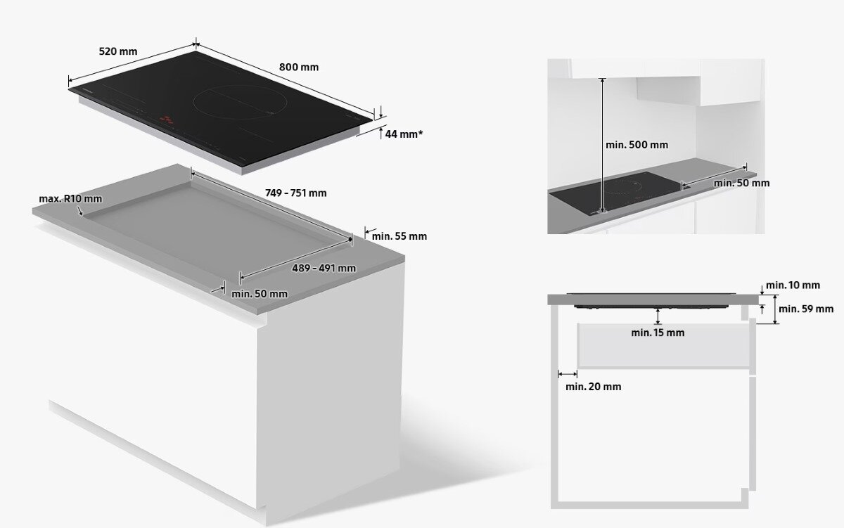 Schemat czarnej płyty grzewczej na blacie, z wymiarami. Widoki z boku i z góry z wymiarami.