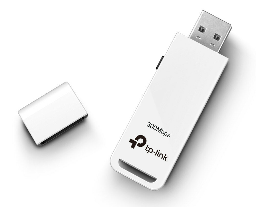 Biały adapter Wi-Fi USB TP-Link. Ma czarną nasadkę, z napisem 300Mbps na urządzeniu.