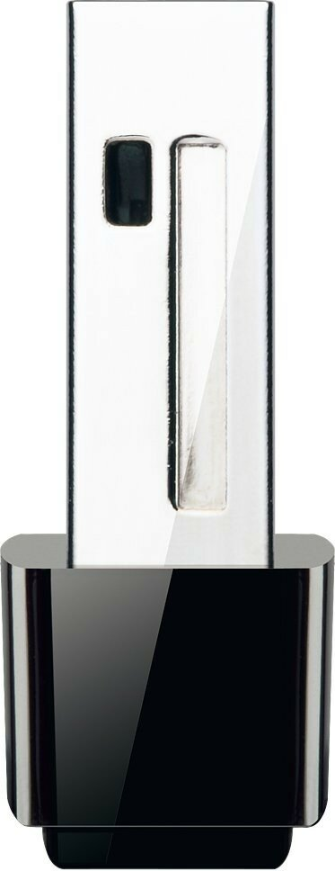 Adapter USB Wi-Fi. Jest srebrny i czarny. Górna część jest srebrna, reszta czarna.