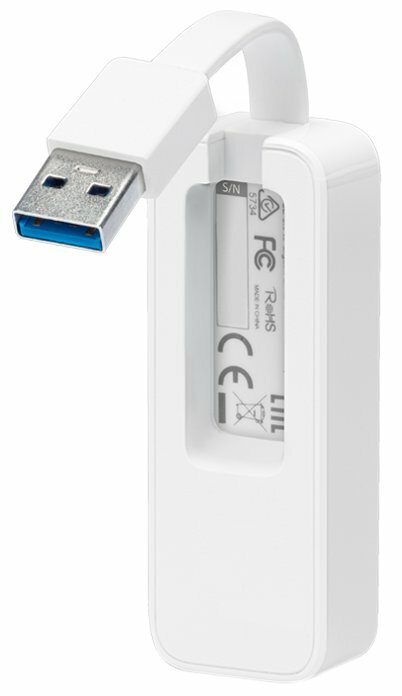 Biała karta sieciowa USB z wtyczką USB 3.0 na białym tle.