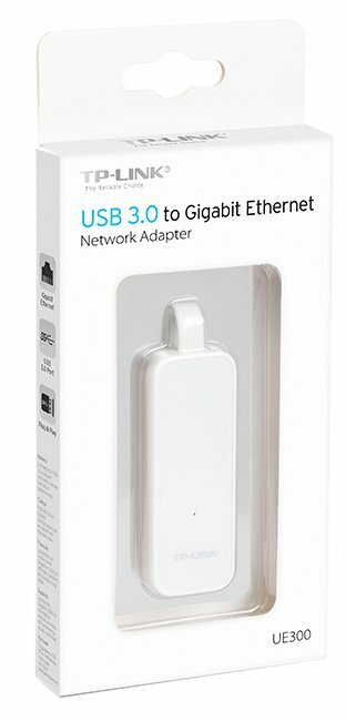 Biały adapter sieciowy TP-Link USB 3.0 do Gigabit Ethernet w opakowaniu.