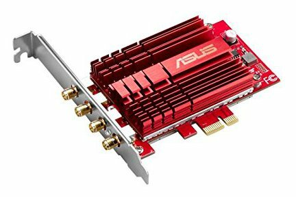 Czerwono-czarna karta sieciowa ASUS, z czerwonym radiatorem i wieloma złotymi portami antenowymi.