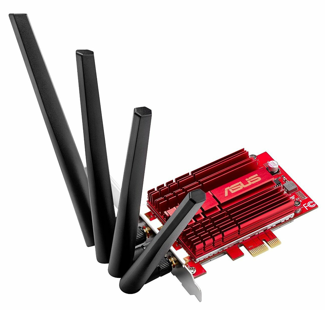 Komponent komputera z antenami i czerwonym radiatorem. Znajduje się na białym tle.