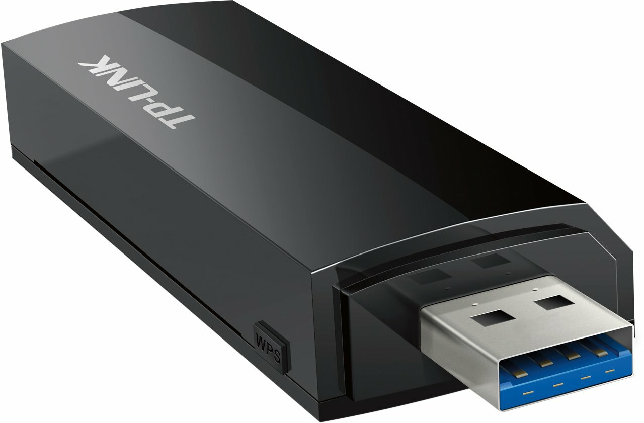 Czarny adapter Wi-Fi USB TP-Link. Posiada złącze USB i przycisk WPS.