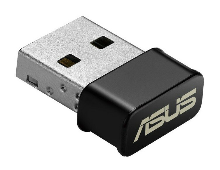 Adapter Wi-Fi USB ASUS. Srebrne złącze USB z czarną, markową nakładką ASUS.