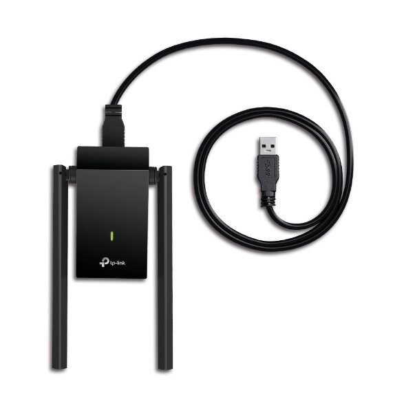 Czarny adapter WiFi USB z antenami i kablem USB, białe tło.