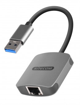 Adapter USB na Ethernet. Szary i czarny, ze złączem USB i portem Ethernet.