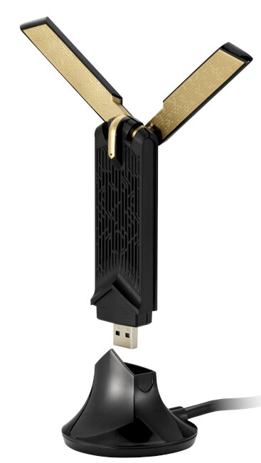 Czarny adapter USB Wi-Fi z antenami. Tło jest białe.