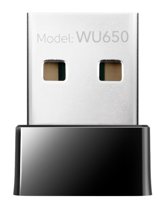 Adapter USB Wi-Fi, srebrny i czarny, z modelem WU650 na górze.