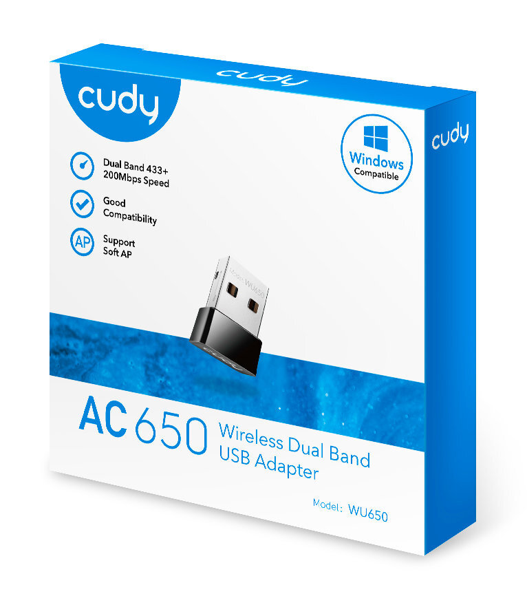 Biało-niebieskie pudełko adaptera USB Cudy AC650. Adapter jest widoczny.