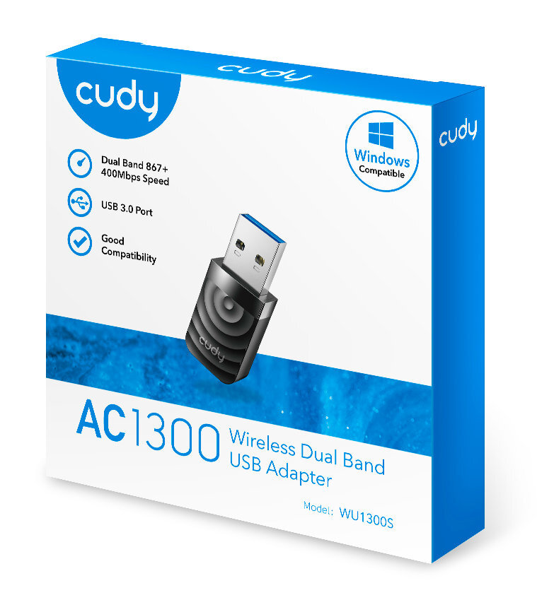 Niebieskie i białe pudełko z bezprzewodowym adapterem USB i informacjami o produkcie.