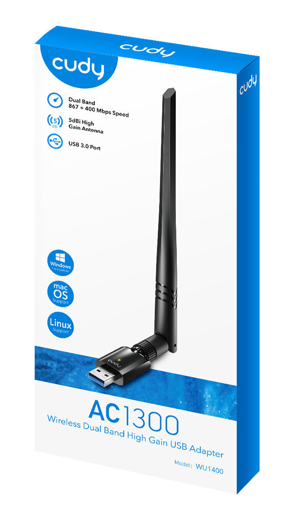 Niebiesko-białe pudełko pokazujące adapter USB Wi-Fi z anteną.