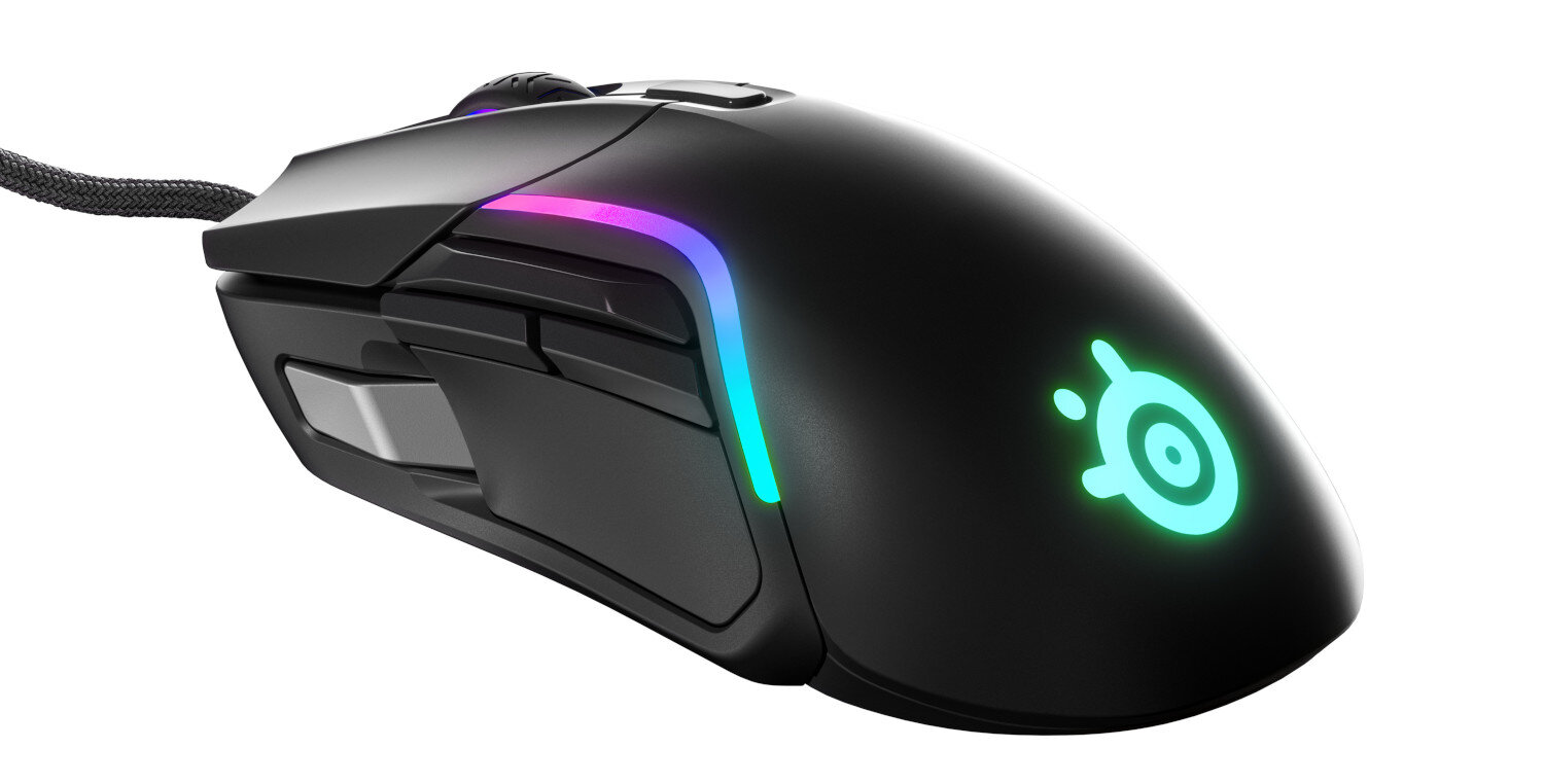 Czarna mysz do gier z oświetleniem RGB. Z tyłu logo i przyciski boczne.