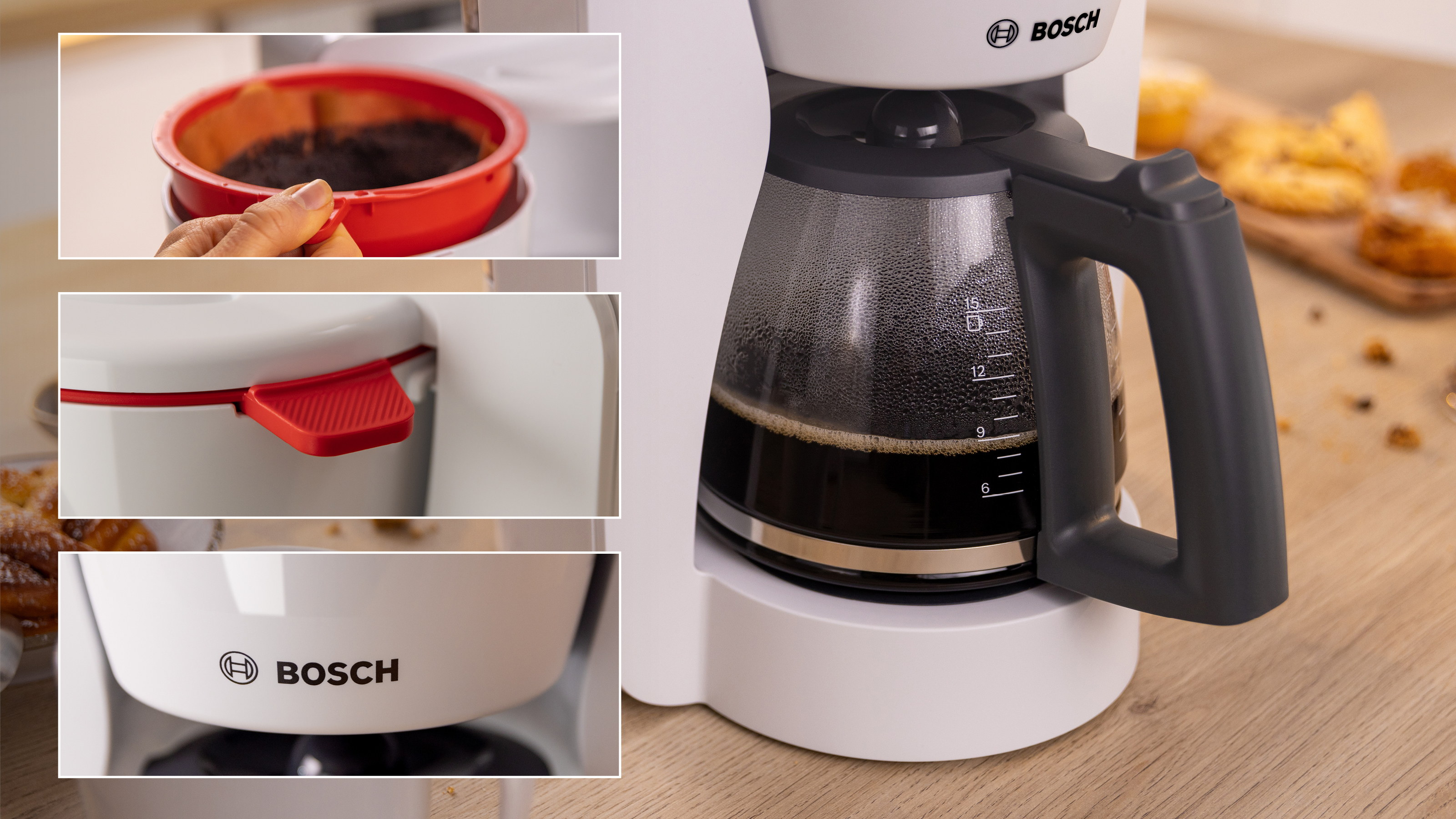Eine Kaffeemaschine, Nahaufnahme. Verschiedene Teile: der Filter, der Griff und die Glaskanne.