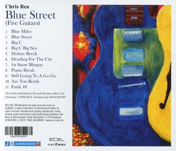 Das Cover des Albums 'Blue Street' von Chris Rea, mit Gitarren und Texten.