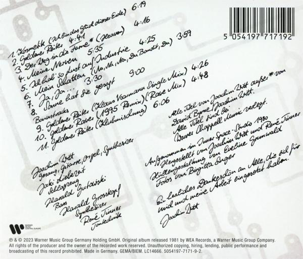 Rückseite eines Musikalbums mit Text und einem Barcode.