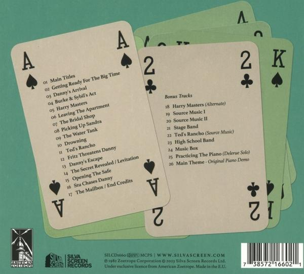 Rückseite eines Musikalbums mit Titelliste, Spielkarten und Album-Credits.
