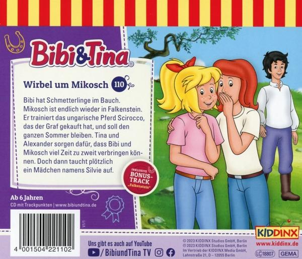 Rückseite eines Bibi & Tina CD-Covers, mit Comicfiguren und Text.