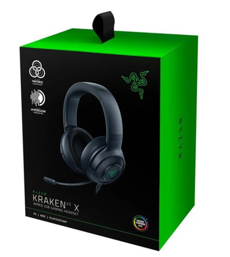 Bir Razer Kraken V3 X oyun kulaklığı kutusu. Ön tarafında kulaklık bulunan siyah ve yeşil renktedir.