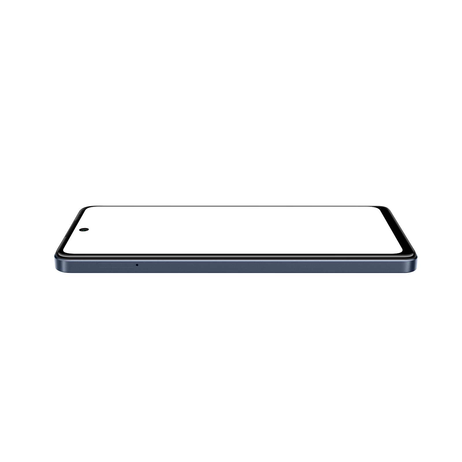 Beyaz bir arka plan üzerinde koyu mavi bir akıllı telefon. Ekran boş ve beyaz.