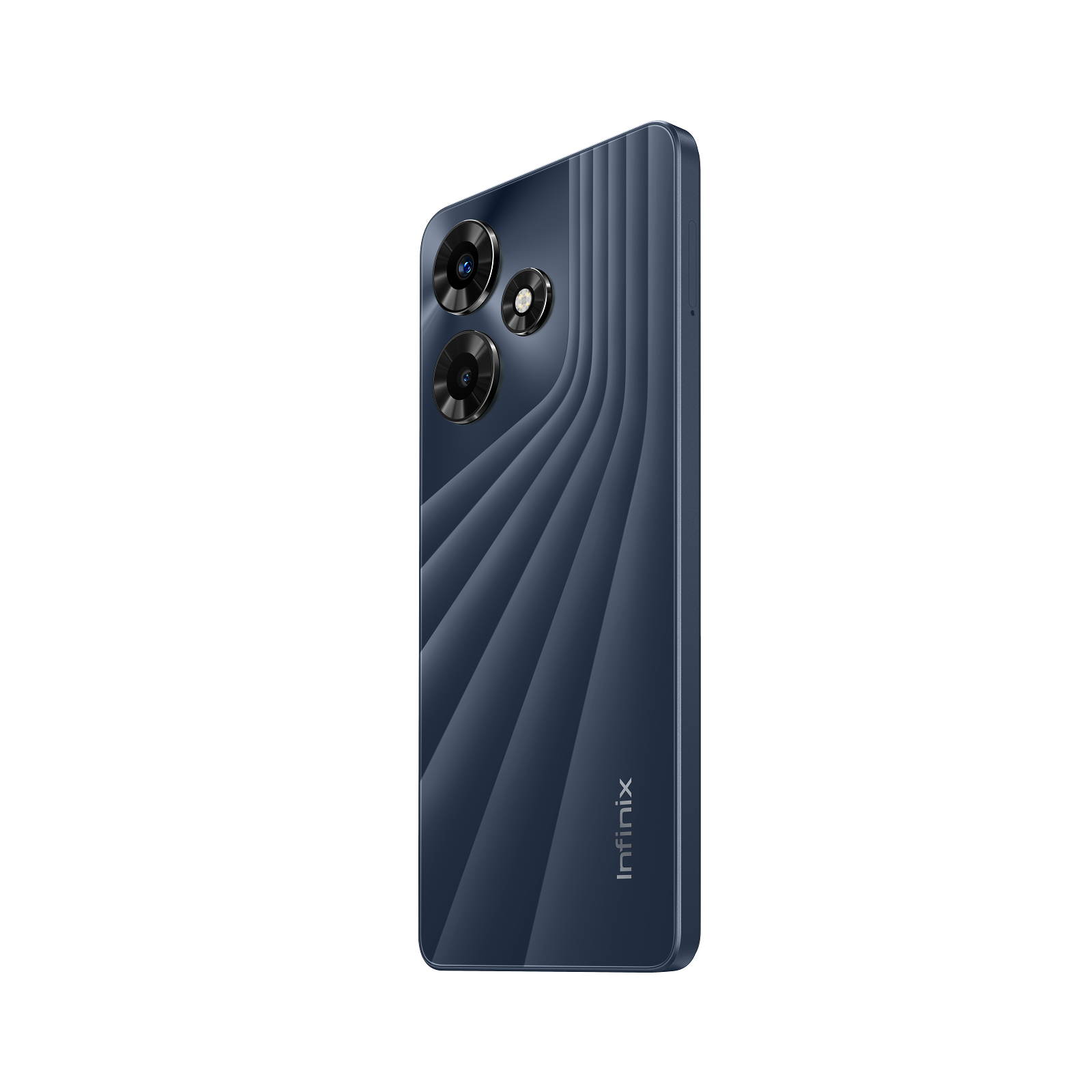Üç arka kamerası olan, yan görünümde, marka adını taşıyan koyu mavi bir telefon.