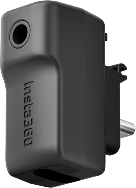 Zwarte Insta360 camera-adapter met een gat en het Insta360 logo.