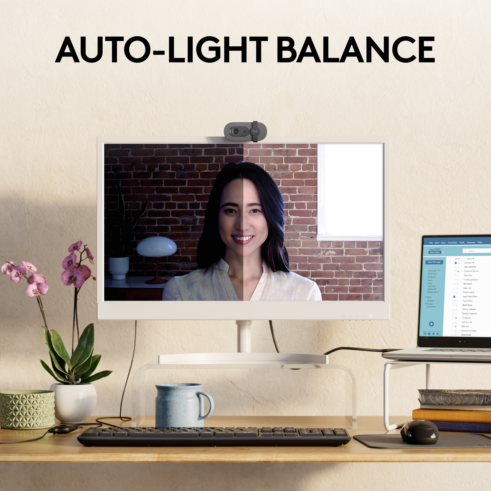 Femme sur un moniteur avec équilibrage automatique de la lumière et une webcam. Autres objets sur le bureau.