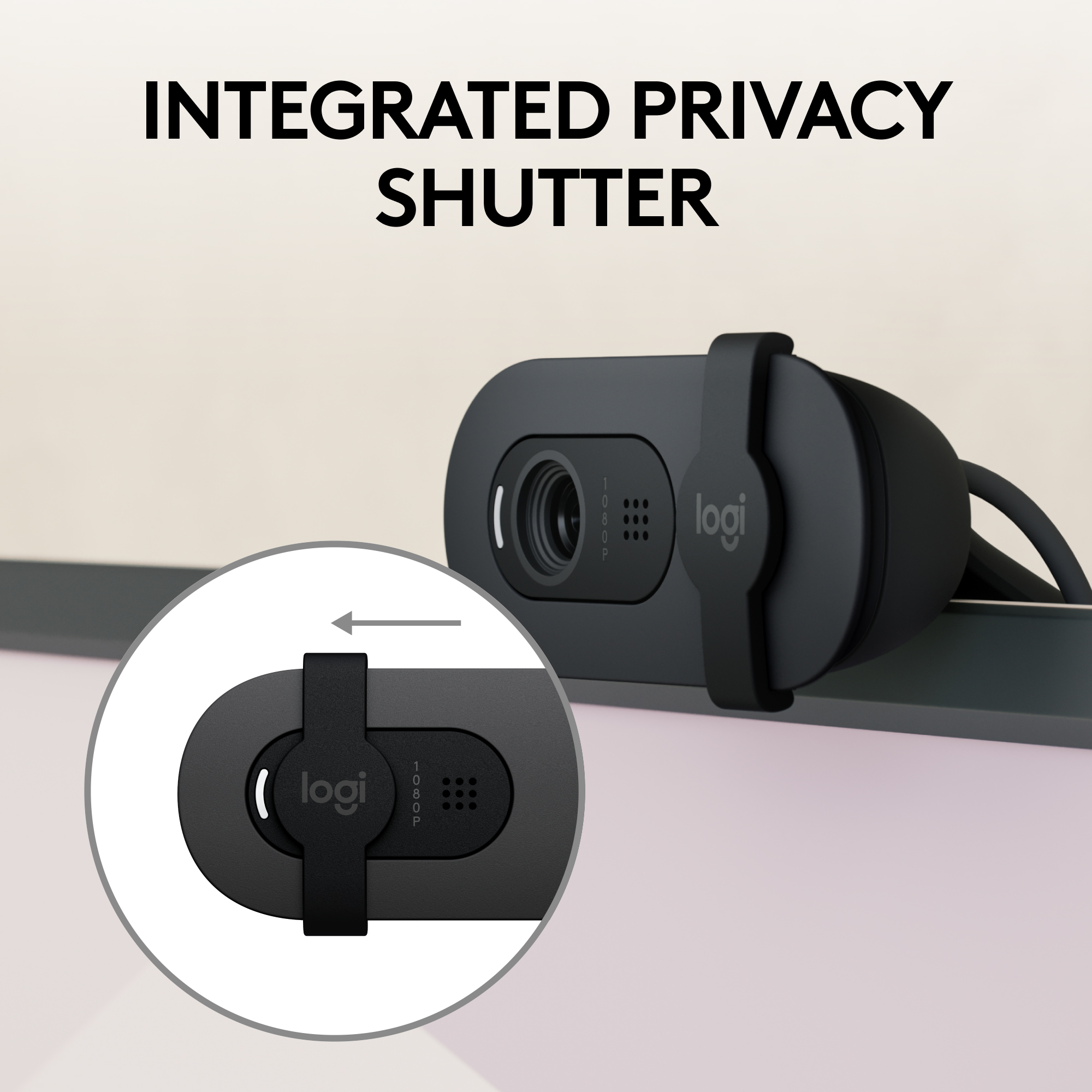 Webcam noire avec obturateur de confidentialité intégré. Vues de l'obturateur fermé et ouvert.