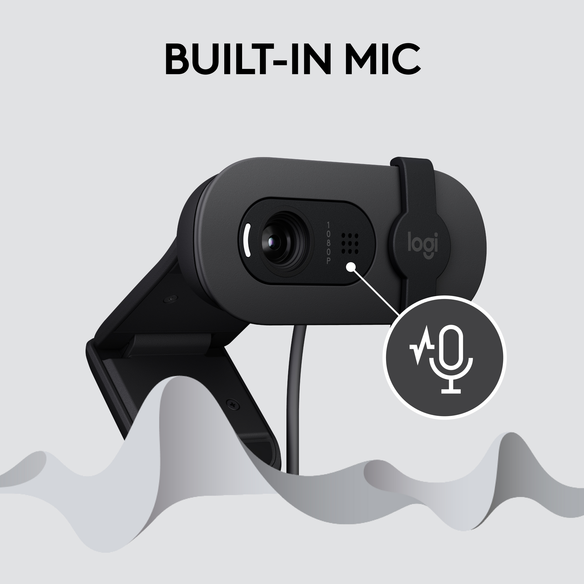 Une webcam noire avec un microphone intégré, avec un graphique en ligne blanche.