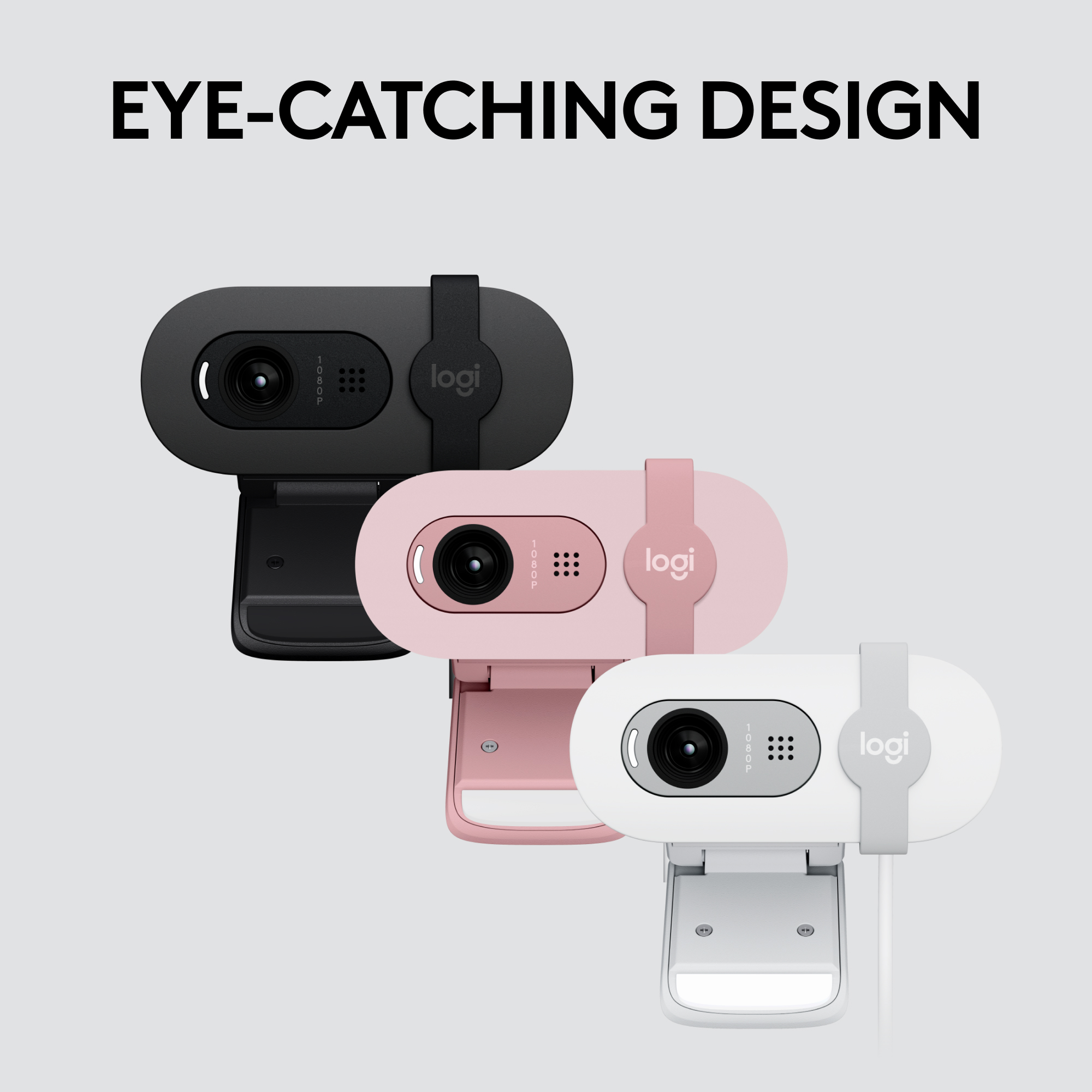 Trois webcams Logitech noires, roses et blanches, chacune avec un logo, sur fond gris clair.