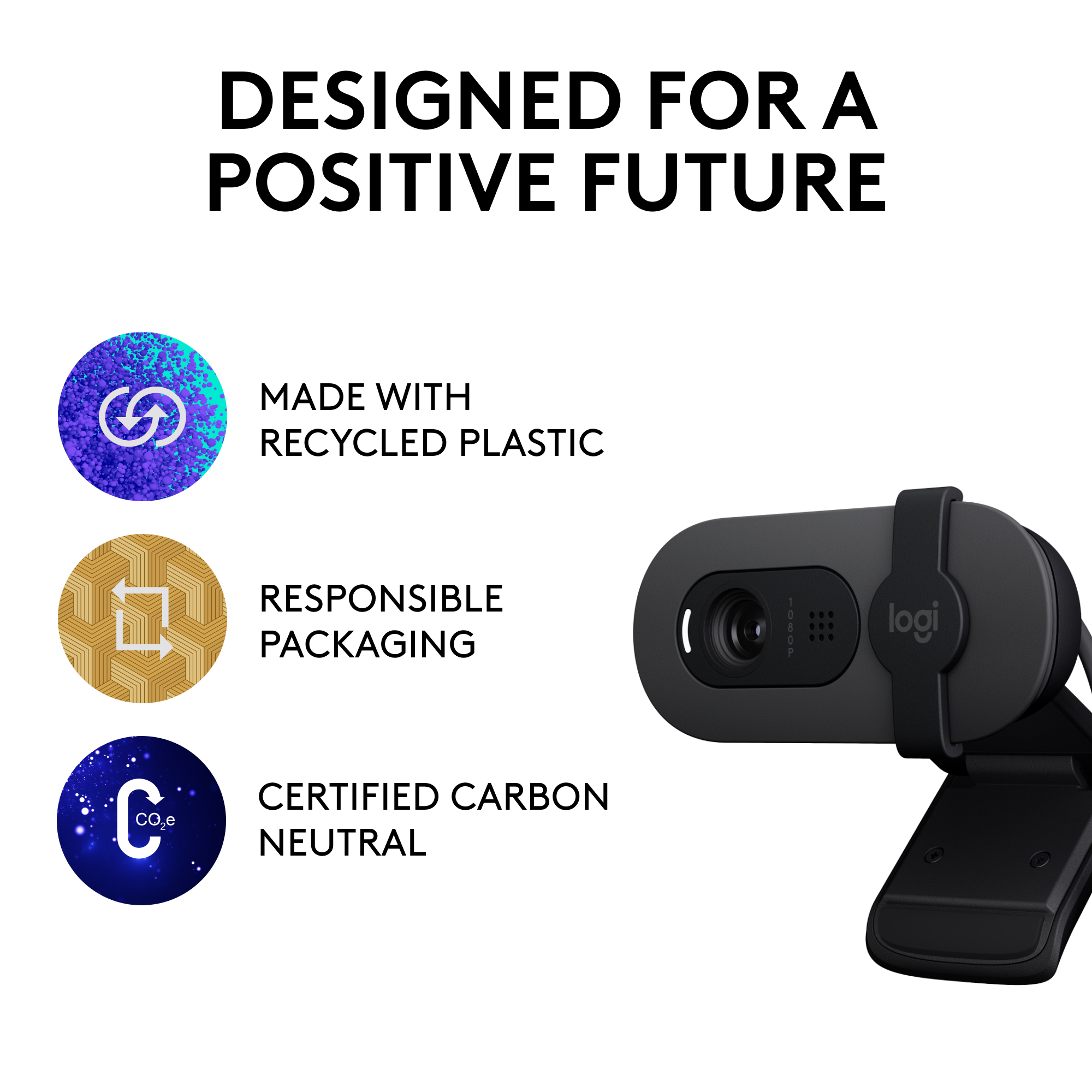 Une webcam avec du texte sur le plastique recyclé, l'emballage responsable et la neutralité carbone.