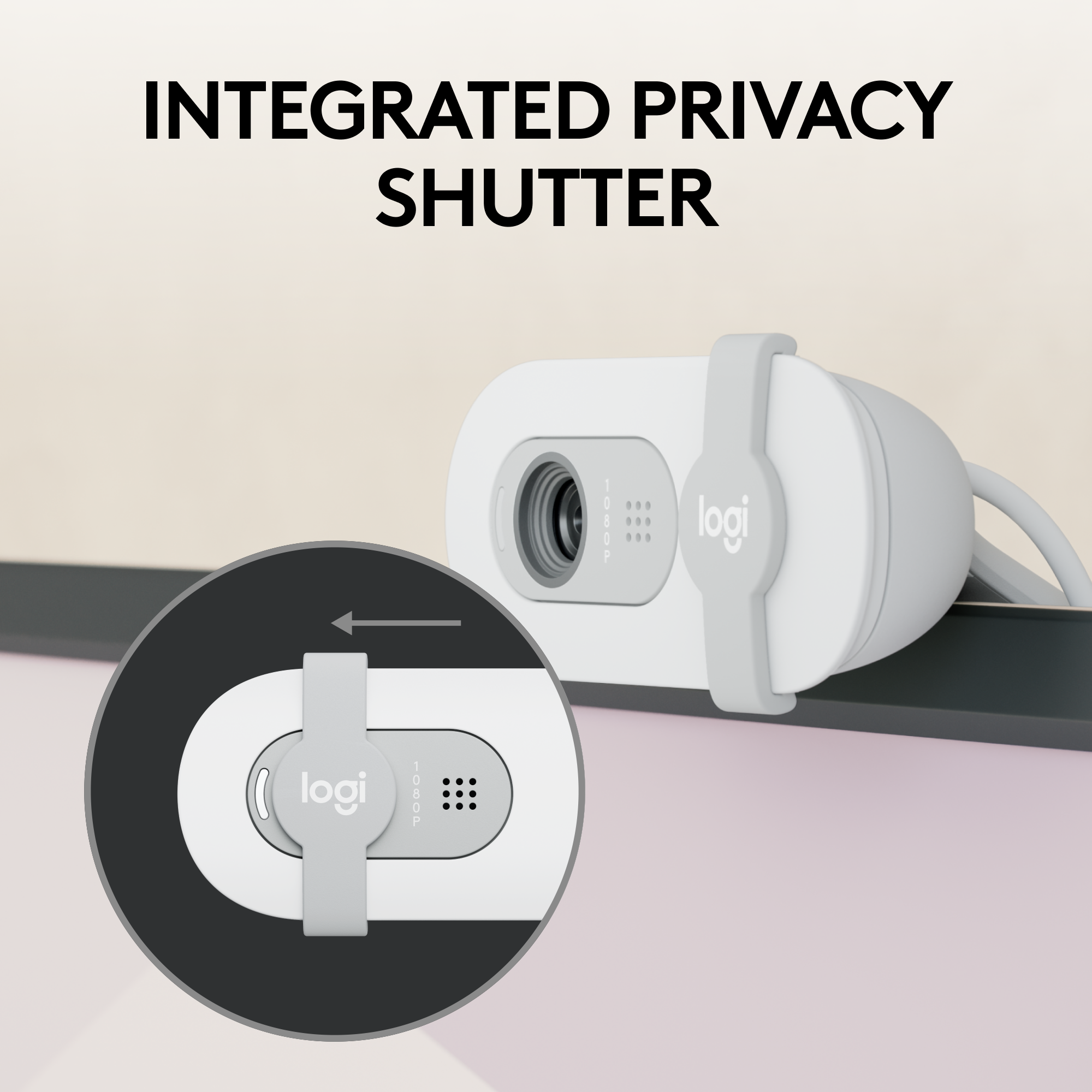 Weiße Webcam mit integriertem Sichtschutz. Detaillierte Ansicht des Schiebers zum Schließen der Linse.
