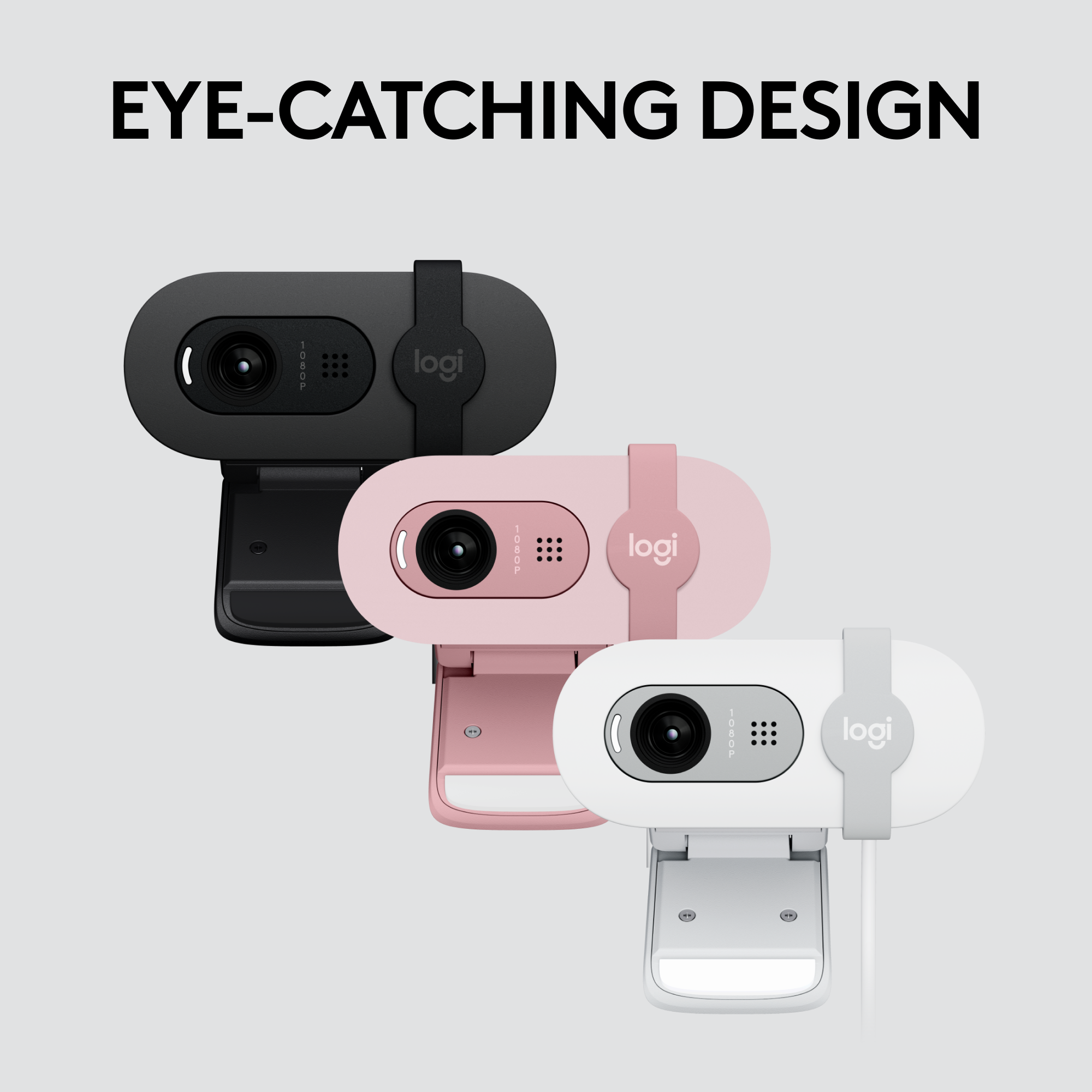 Drei Webcams mit dem Text EYE-CATCHING DESIGN darüber. Sie sind in Schwarz, Rosa und Weiß.
