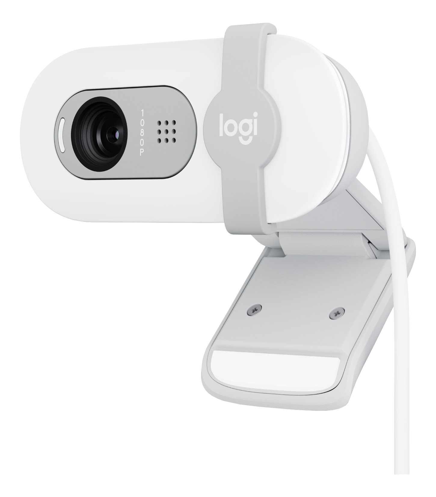 Weiße und graue Logitech Webcam. Ovale Form, Linse und Ständer, schwarzer Hintergrund.