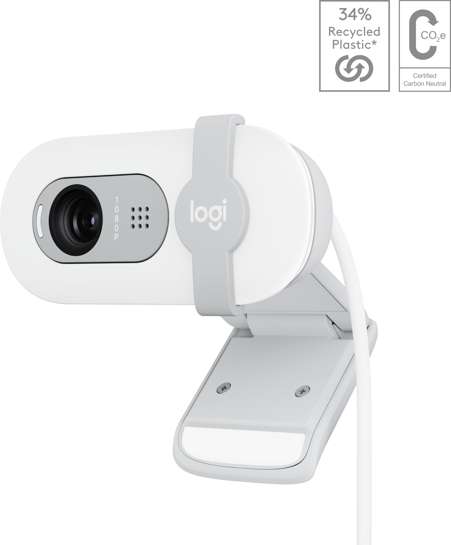 Weißes Webcam mit grauen Akzenten, auf einem weißen Ständer. Zeigt Linse und Mikrofon.