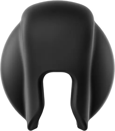 Black plastic object with a U-shaped opening. It is rounded.